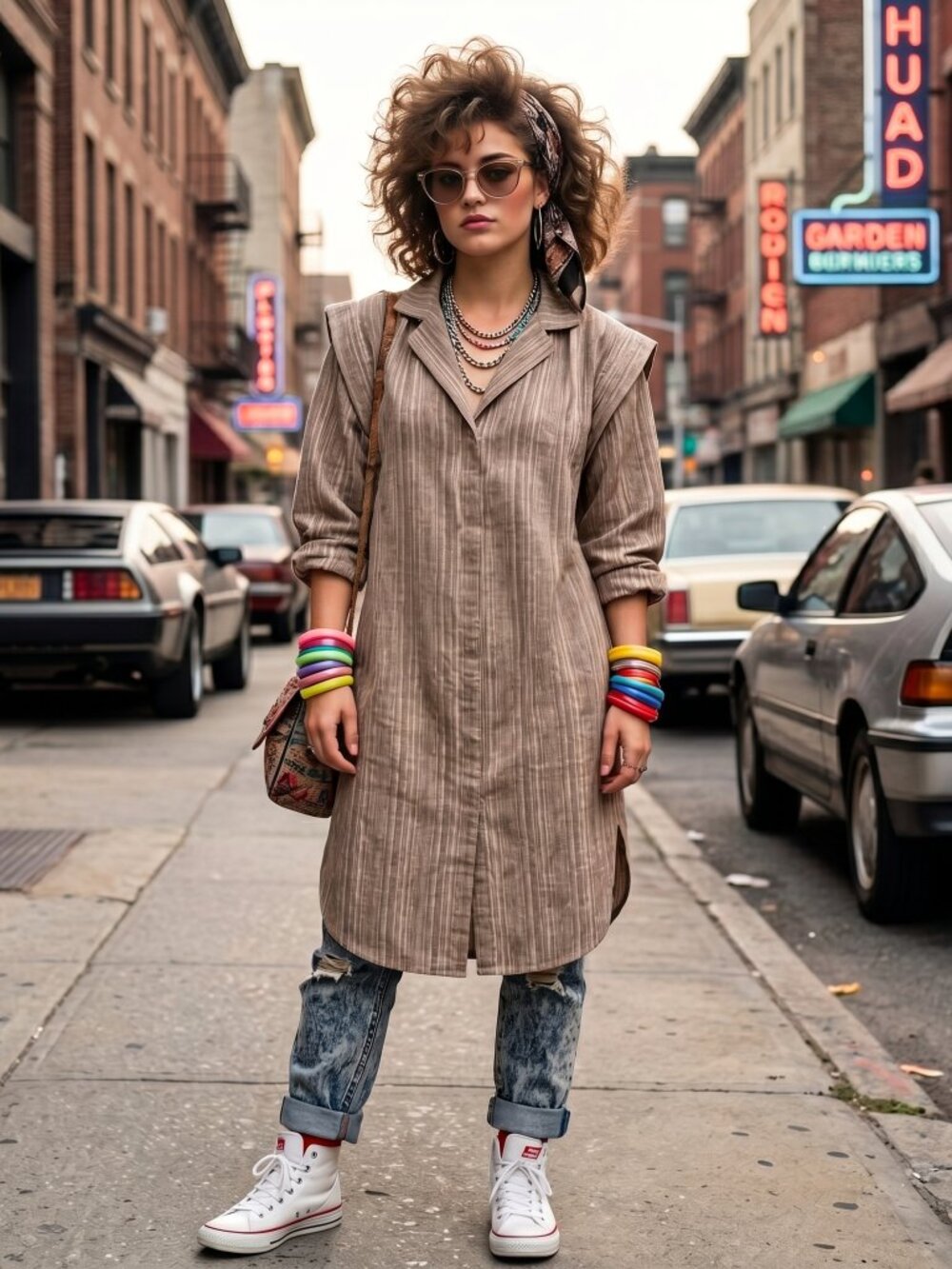 Vintage 1980s Robbie Bee Taupe Striped Collared Dress